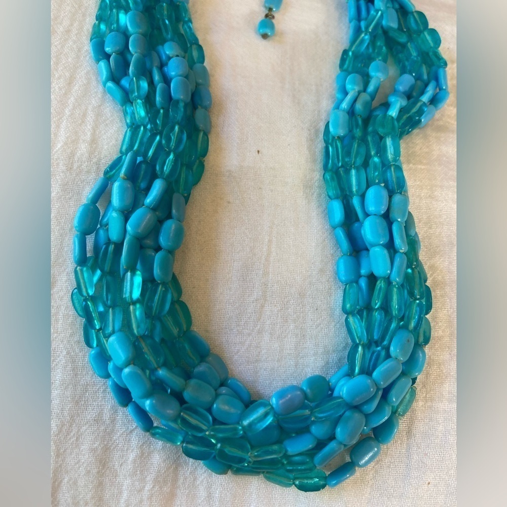 Vintage Signed Hong Kong Multi Strands‎ Blue Plastic Beads Necklace